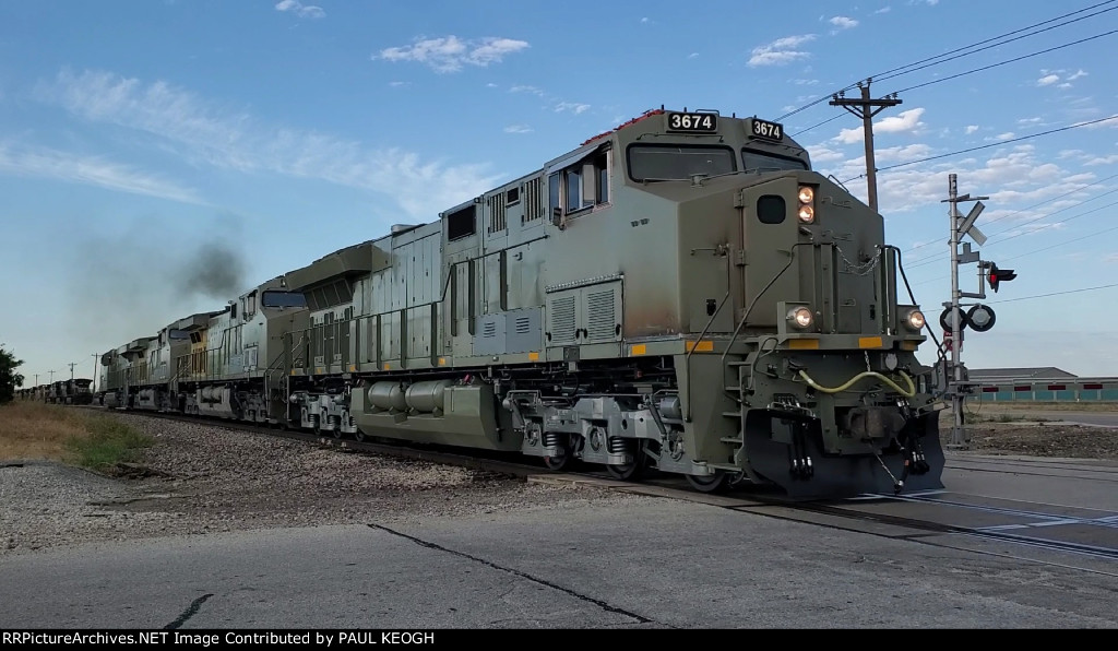 BNSF 3674 Newest ET44ACH on Her First Test Run from The Wabtec Fort Worth Locomotive Plant Texas Heads Northbound On the Wabtec Test Track As She Passes Me at the Petty Railroad crossing with 2 UP AC4400CWM's and BNSF 3283 As the Lead Rear Motor.